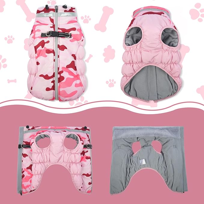 Lelepet Dog Coat Warm Dog Winter Coat Waterproof Dogs Jacket with Harness Built in Reflective Pet Fleece Vest Zip-Up Cold Weather Coats for Small Dogs Turtleneck & Windproof Coats Yorkie Pink Camo S