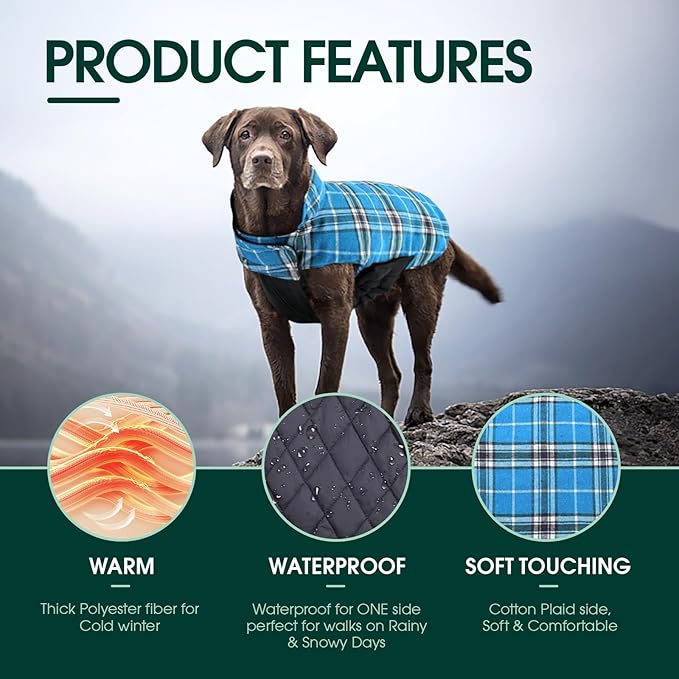 Kuoser Waterproof Dog Coat, Reversible Dog Jacket for Small Dogs, Adjustable Durable Doggie Winter Coat Warm Cozy Puppy Cold Weather Apparel from Small to Large Breed, Blue S