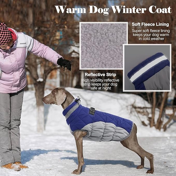 Lelepet Dog Coat Warm Dog Winter Coat Waterproof Dogs Jacket with Harness Built in Reflective Pet Fleece Vest Zip-Up Cold Weather Coats for Large Dogs Turtleneck & Windproof Coats Boxer Blue XL