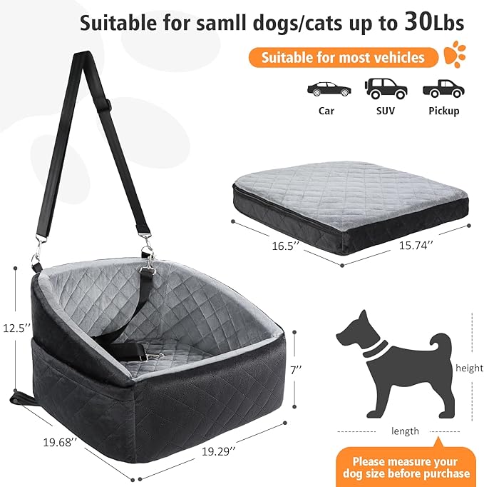 Dog Car Seat for Small Dogs,Detachable Washable Dog Booster Seat Under 30lbs, Pet Car Seat Travel Bed with Storage Pockets and Dog Safety Belt (Black/Grey)