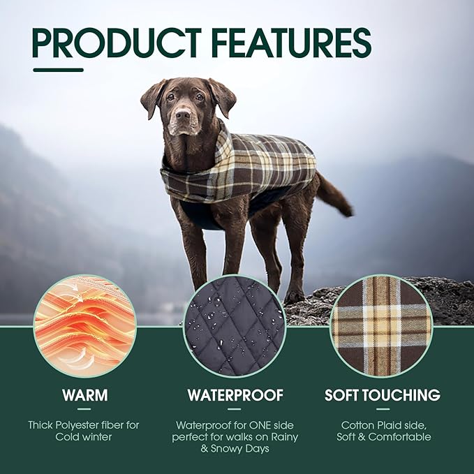 Kuoser Warm Dog Coat, Waterproof Dog Coats for X-Small Dogs, Adjustable Durable Doggie Winter Jacket Reversible Cozy Puppy Cold Weather Apparel from Small to Large Breed, New Brown XS