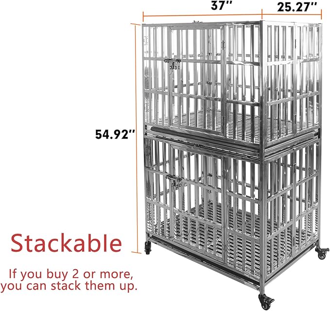 37 Inch Heavy Duty Dog Crates for Meduim Dogs, Stainless Steel Indestructible Small Dog Kennel Indoor, Puppy Dog Cage with Lockable Rolling Wheels, Double Door and Removable Tray (Stackable)