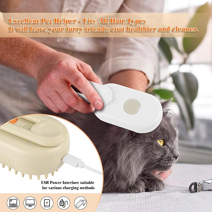 2 PACK Cat & Dog Steam Brush for Shedding – Rechargeable Pet Steam Brush for Cats & Dogs, Flea, Anti-Static Massage Comb – All in One, Spray & Cleaning Tool
