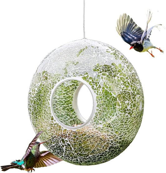 Topadorn Bird Feeder Fly Through Mosaic Round Stained-Glass Birdfeeder, Outdoor Hanging Birdfeeder Squirrels-Proof for Garden Decoration Gift, Green Bird Feeder, 9"