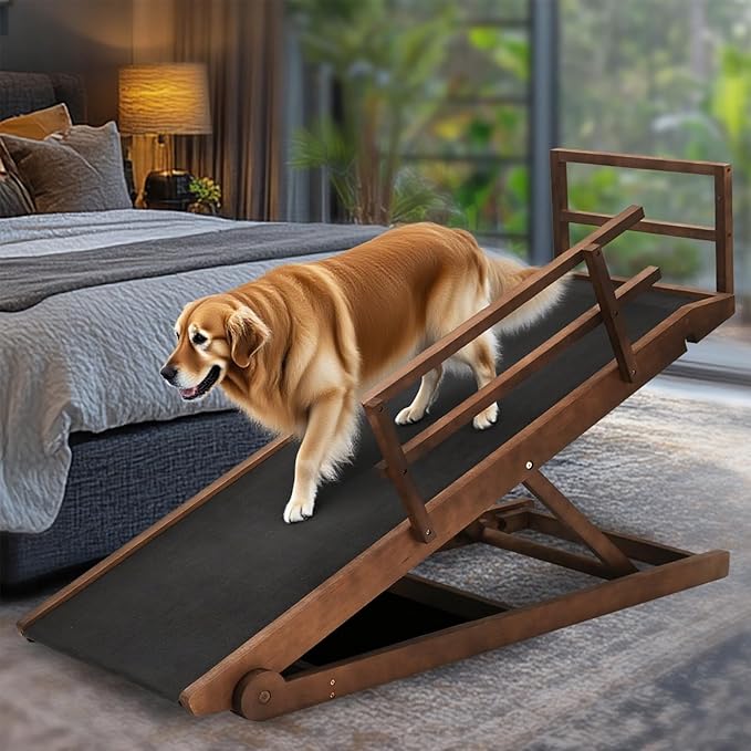 Dog Ramp for Bed, 5 Level Adjustable Dog Ramp for High Beds, Upgrade Rubber Mat High Traction Ramp with Safety Rails, Folding Pet Ramp for Bed, Couch,SUV, Natural Wood Pet Ramp for Small & Old Dogs