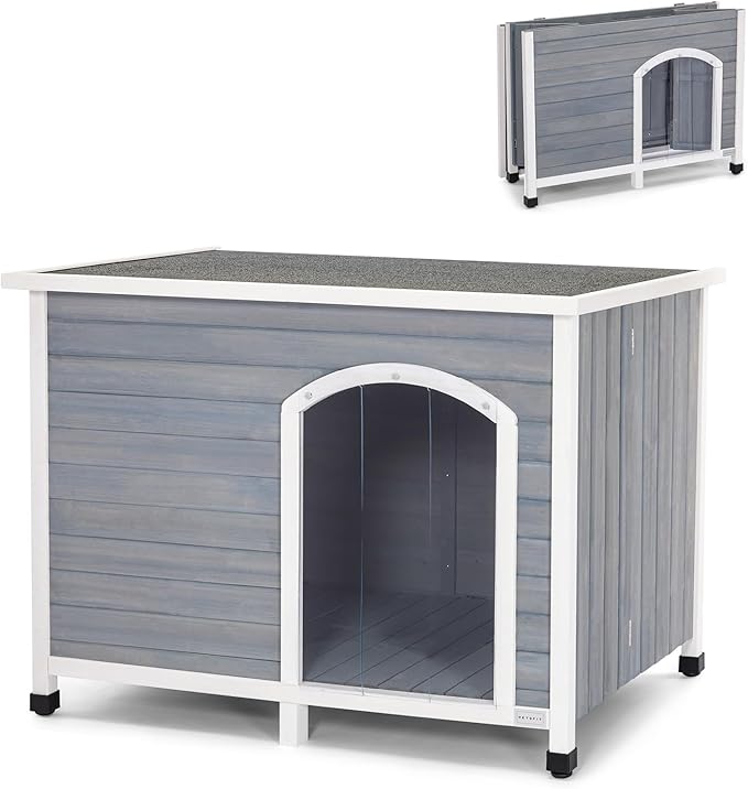 Petsfit 45.3" Dog House Outdoor, No Tools Required Assembly, Folding Dog House Outdoor, Unfold to Use, Dog Houses for Large Dogs Outside (Large, Grey)