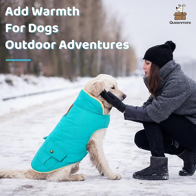 Queenmore Warm Dog Coat, Cold Weather Puffer Dog Coat Vest, Quilting Winter Pet Jacket Ultra Thick Plush Fleece Lining Pet Clothes for Dogs with Storage Pockets (Light Blue, Medium)