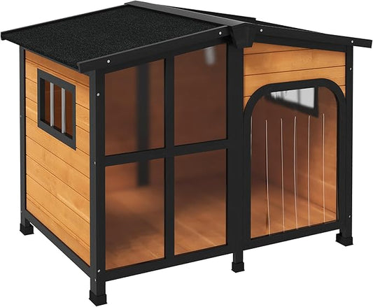 PawHut Outside Cabin-Style Wooden Dog House for Large Dogs with Openable Roof & Giant Window, Outdoor & Indoor Big Dog House, Asphalt Roof, Yellow
