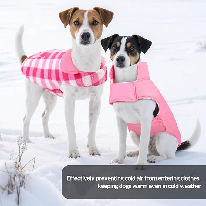 ASENKU Dog Winter Coat, Fleece Doggie Jacket Plaid Reversible Vest Waterproof Windproof Cold Weather Clothes for Small Medium Large Dogs (L, Pink)