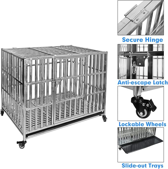 42" Stainless Steel Dog Crate Pet Kennel Foldable Dog Kennels Dog Cage Pet Playpen with Lockable Wheel, Tray for Medium and Large Dogs