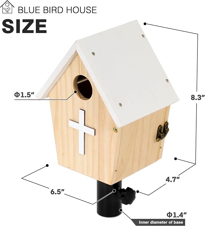 Church Style Large Bird House for Outdoor with Metal Tube, Thicken Wooden Hanging Birdhouse with Clear View Panel Clear View Panel Predator Guard Nesting Box for Swallow Wren Chickadee