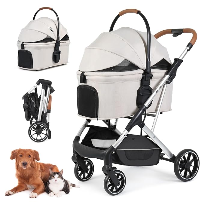T6 Luxury Pet Stroller for Medium Dogs Up to 66lbs or 2 Small Pets – 3-in-1 Dog & Cat Stroller with Removable Carrier, Foldable & Lightweight (Beige)