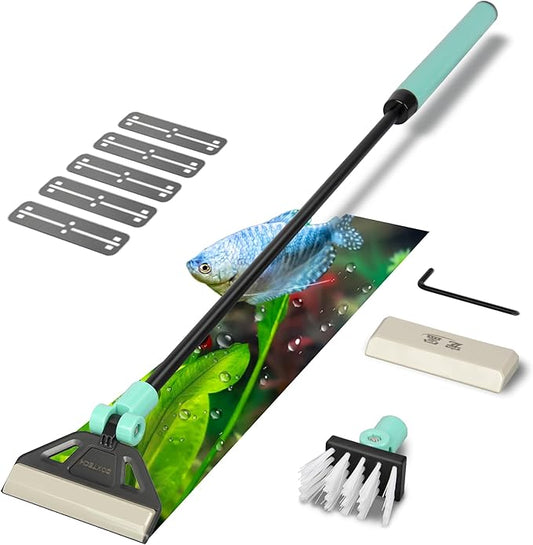 UPETTOOLS Algae Scraper for Glass Aquariums, 2 in 1 Adjustable Algae Scraper with 5 Stainless Steel Blades and Cleaning Brush, Aquarium Glass Cleaning Tools for 20-40 Gallon Fish Tank