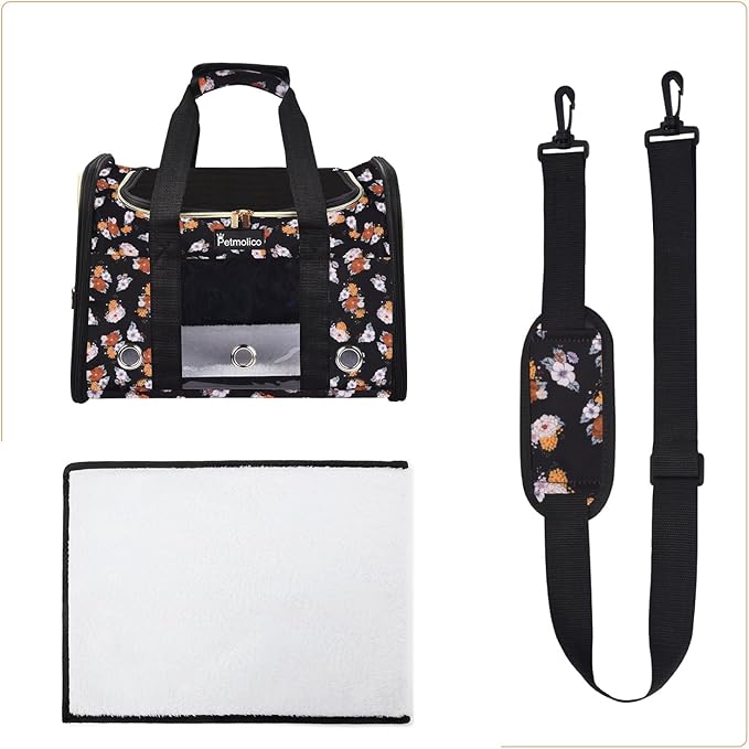 Petmolico Cat Carrier Dog Carrier, Airline Approved Soft Pet Travel Carrier with 3 Open Doors Mesh Windows for Cats Puppy 16 lbs(Large,Orange Flower)