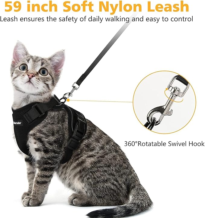 Dooradar Cat Harness and Leash Set, Escape Proof Safe Adjustable Kitten Vest Harnesses for Walking, Easy Control Soft Breathable Mesh Jacket with Reflective Strips for Cats, Black, S