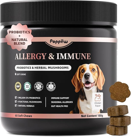 Dog Allergy Chews, Probiotics for Dog Allergy Relief - Itchy Skin and Itchy Ears - Allergy Paw Relief - Seasonal Allergies & Immune Gut Health & Joint, Energy Support, Chicken Flavor - 60 Count