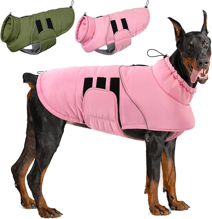 ASENKU Extra Warm Dog Coat - Winter Jacket with Fleece, Reflective, Adjustable, Zippered Leash Hole for Large Dogs, Turtleneck (Pink, 3XL)