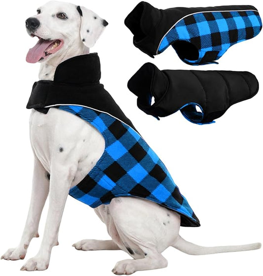 Kuoser Dog Winter Coat, Reversible Waterproof Dog Jacket with Reflective Strip, Warm Dogs Fleece Vest Adjustable Doggy Cold Weather Clothes Plaid Christmas Outfit Pet Apparel for Large Dogs, Blue XL