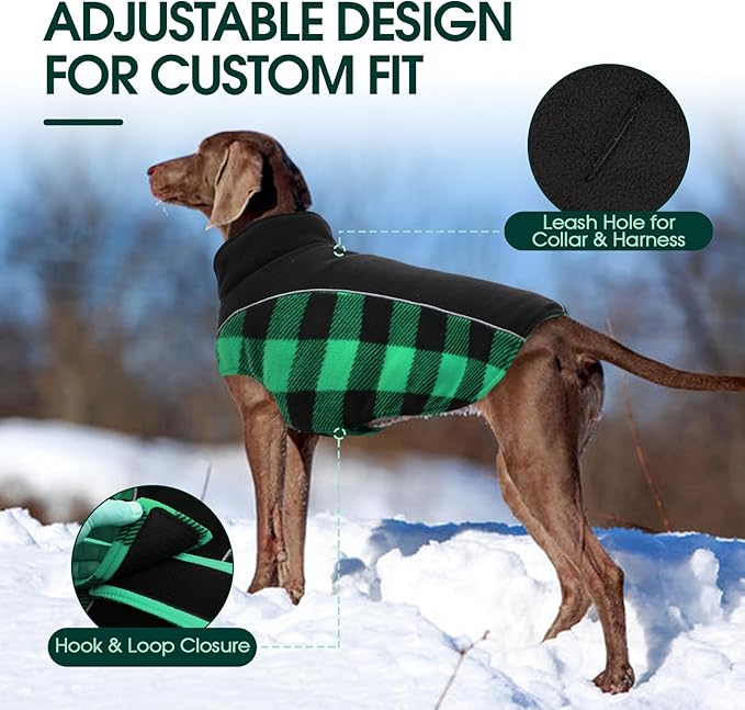 Kuoser Dog Winter Coat, Reversible Waterproof Dog Jacket with Leash Hole, Warm Dogs Fleece Vest Adjustable Doggy Cold Weather Clothes Plaid Christmas Outfit Pet Apparel for Extra Large Dogs, Green 3XL