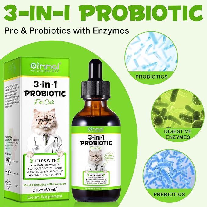 3-in-1 Probiotics for Cats with Digestive Enzymes & Prebiotics – Supports Gut Health, Immune System & Diarrhea Relief – 60ml for Cats of All Ages
