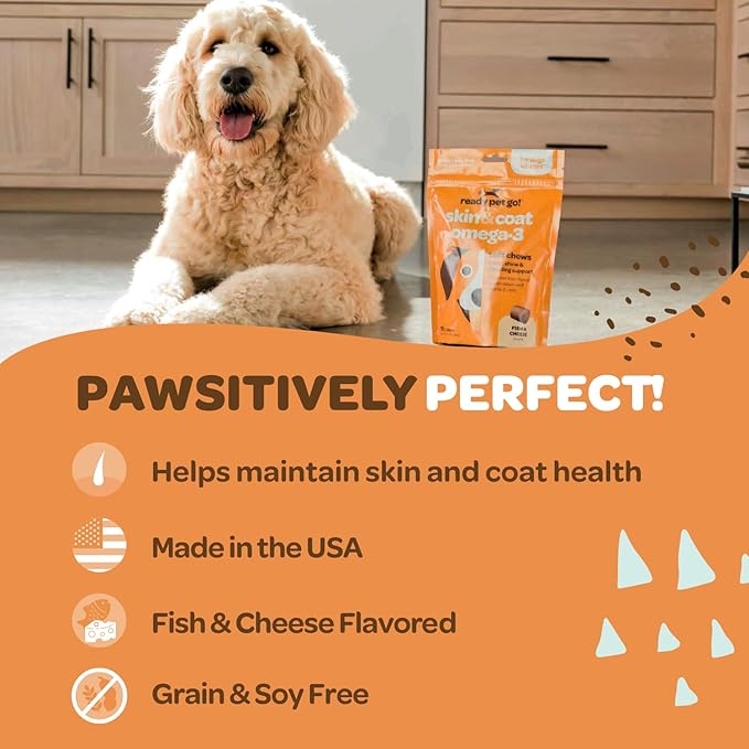 Skin and Coat Supplement for Dogs | Nourishing Omega 3 for Dogs with EPA DHA Krill Oil and Vitamin E | Dog Skin and Coat Supplement | 1 Chew up to 75lbs | NASC Certified & Made in The USA | 90 Chews