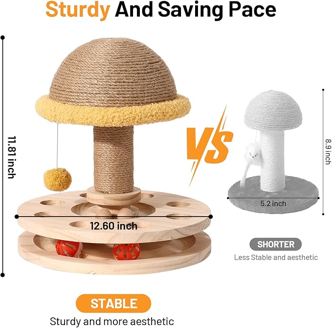 Sisal Cat Scratcher for Indoor Cat Kitten Mushroom Cat Scratching Post with Hanging Ball,Solid Wooden 2 Level Track,Interactive Toy