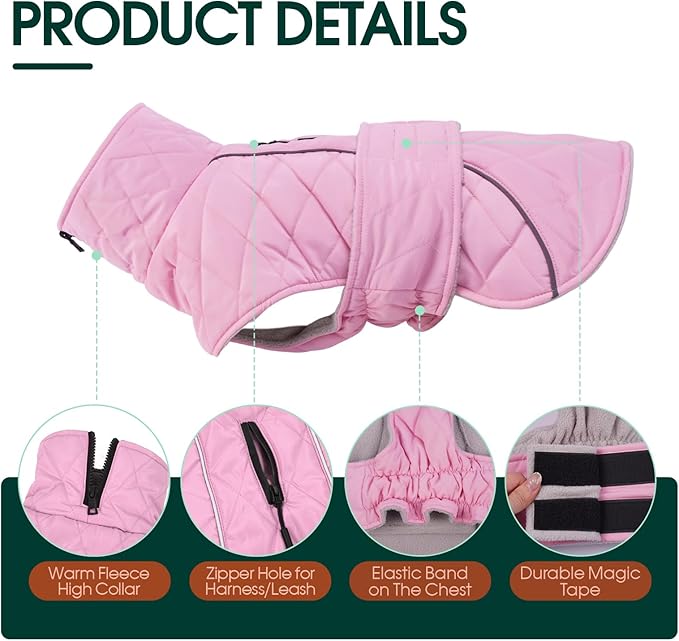 Kuoser Dog Coat, Extra Warm Dog Jacket Windproof Dogs Cold Weather Coats for Large Dogs, Fleece Lining Turtleneck Puppy Snowsuit Reflective Adjustable Pet Winter Clothes Christmas, Pink XL