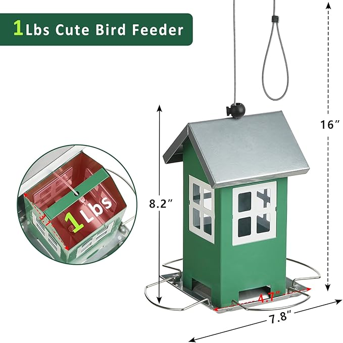 Small Metal Bird Feeders for Outdoors, Cute House Shape Bird Feeder with Window Design, Garden Terrace Hanging Birdfeeder for Finch Sparrow Warblers Little Birds - Premium Green