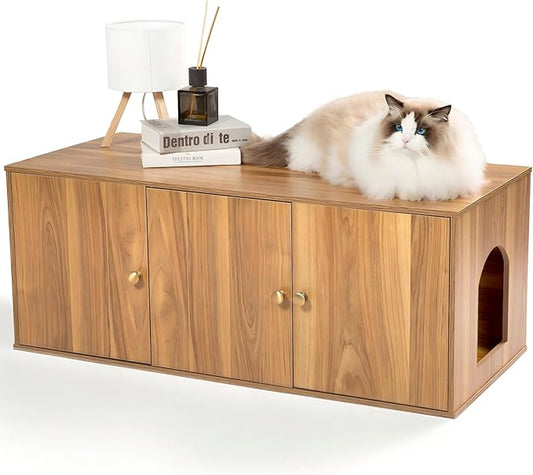 Wooden Cat Litter Box Enclosure with Storage Compartment with Adjustable Divider, Hidden Litter Box Furniture and Hall Table, Cat Box Enclosure, 42.5''L*18.5W*16.9H (Oak, Plain)