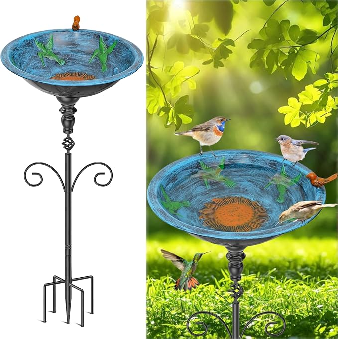 35.4" Tall Bird Bath for Outside, Vintage Metal Birdbaths Bowl with 5 Prong Bases for Outdoors, Freestanding Birdfeeder with Hummingbird Carving for Garden Yard Lawn Decor (Retro Blue)