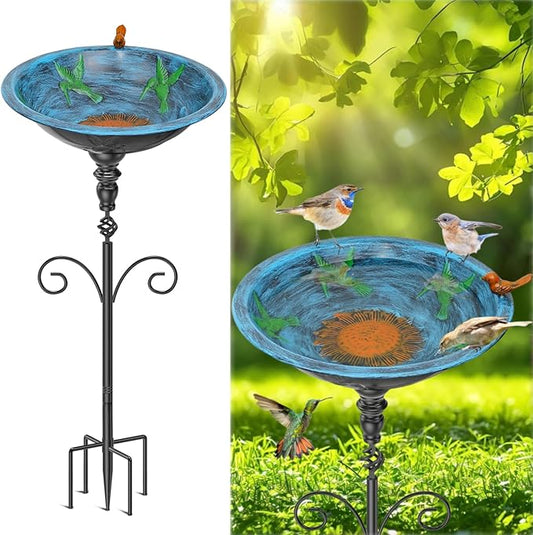 35.4" Tall Bird Bath for Outside, Vintage Metal Birdbaths Bowl with 5 Prong Bases for Outdoors, Freestanding Birdfeeder with Hummingbird Carving for Garden Yard Lawn Decor (Retro Blue)