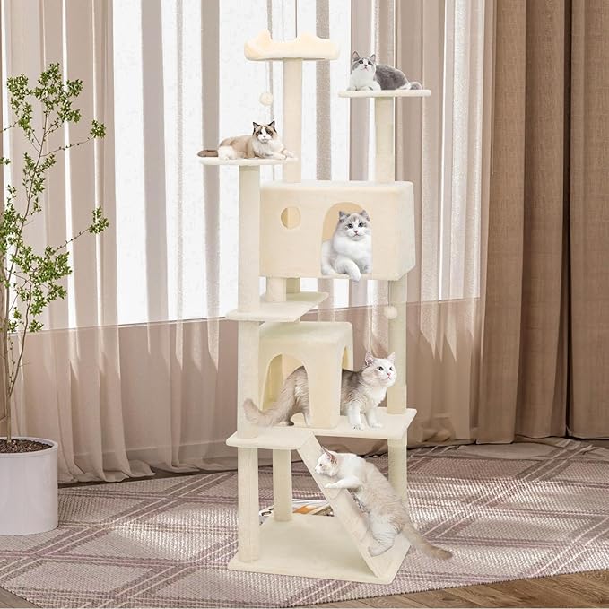 Athena Collection Modern Cat Tree Tower, 77 Inch Tall Cat Tree Climbing Tower with Scratching Post 2 Condo Multi-Level Activity Center and Playing Ball for Indoor Large Adult, Beige
