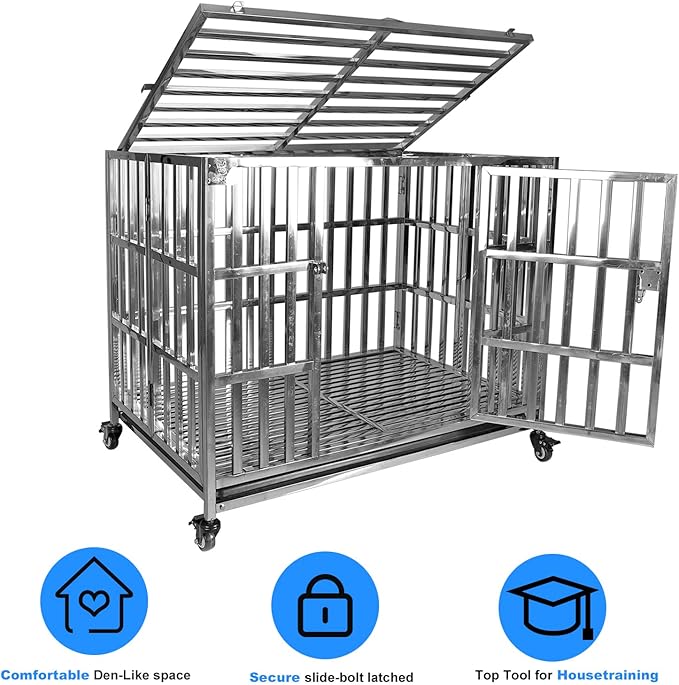 42" Stainless Steel Dog Crate Pet Kennel Foldable Dog Kennels Dog Cage Pet Playpen with Lockable Wheel, Tray for Medium and Large Dogs