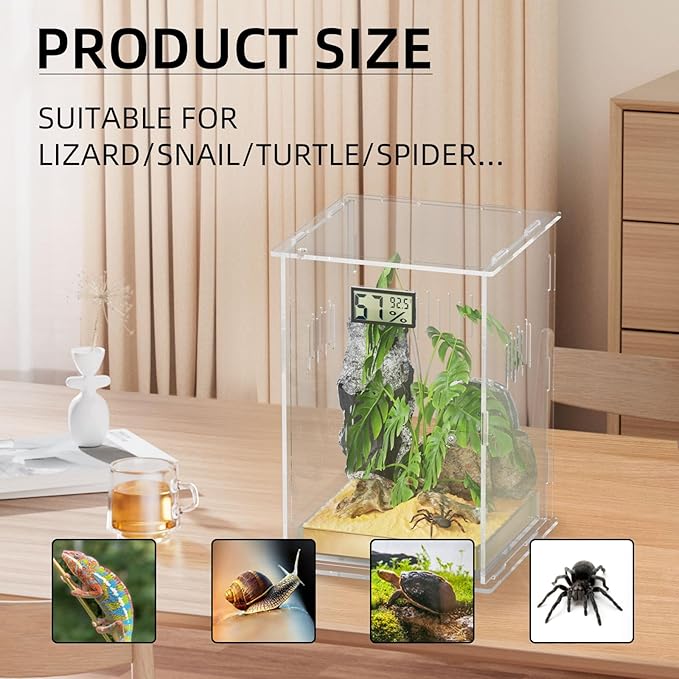Reptile Terrariums, with Temperature Hygrometer, 7.1"x7.1"x11.8" Acrylic Reptiles Breeding Box Terrarium Cage Tank for Small Reptile Insect Home Office (Arboreal Large)