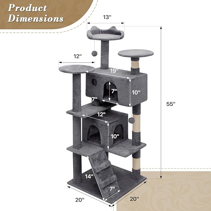 Athena Collection Modern Cat Tree Tower, 54 Inch Tall Cat Tree Climbing Tower with Scratching Post 2 Condo Multi-Level Activity Center and Playing Ball for Indoor Large Adult, Grey