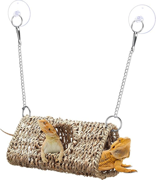 Reptile Hide Cave Hollow Cave Hideout with 2 Pcs Suction Cup and Chains Gecko Hide Reptile Tank Decor Seagrass Fiber Climbing Toys for Lizard Snakes Hermit Crabs (Triangle)