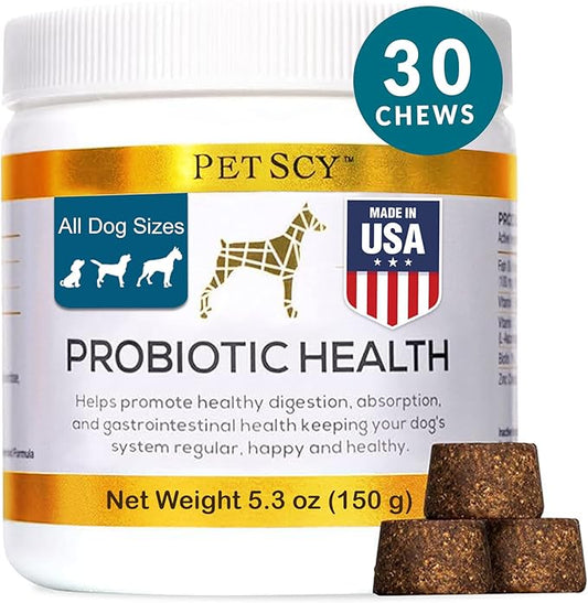 PetScy - Probiotic Chews for Dogs, Probiotic for Dogs of All Ages, Sizes & Breeds with Prebiotic Fiber and Pure Omega-3 | Improves Skin, Coat, and Gut Health, 30 Chews