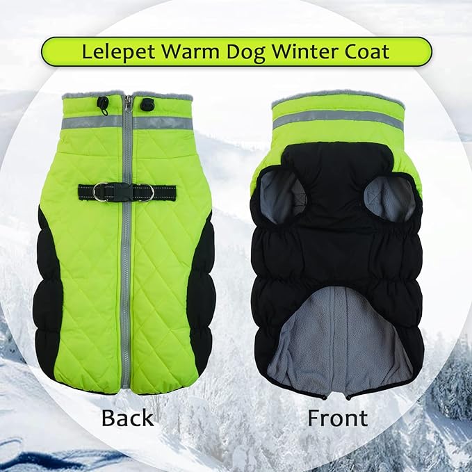Lelepet Dog Coat Warm Dog Winter Coat Waterproof Dogs Jacket with Harness Built in Reflective Pet Fleece Vest Zip-Up Cold Weather Coats for Large Dogs Turtleneck & Windproof Coats Boxer Lime XL