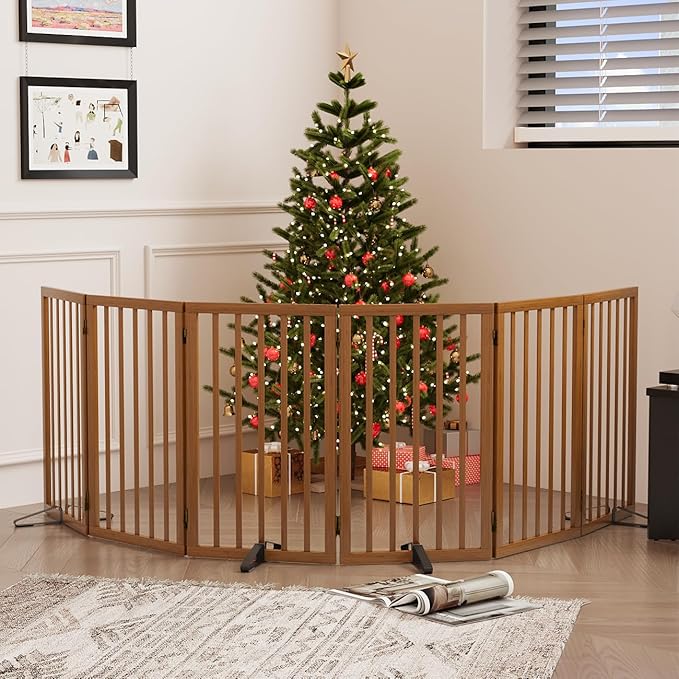 Dog Gates for Doorways, Tall Dog Gate Indoor, Foldable Pet Gates for Doorways Bedroom, Freestanding Puppy Gate with Metal Support Feet, Room Divider,6 Panels (Walnut)