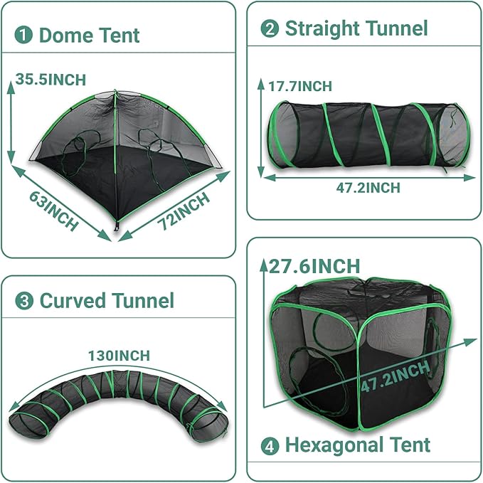 4-in-1 Outdoor Cat Enclosure, Enclosed Cat Tent Include 2 Tents & 2 Tunnels, Portable Pet Playpen for Kitty and Small Animal Within Storage Bag, Support Expansion