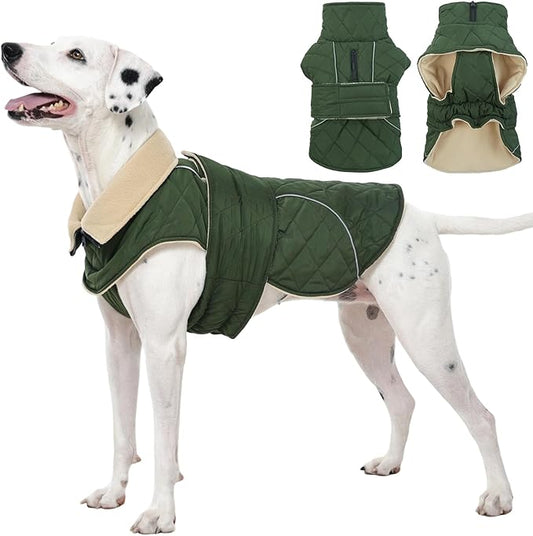 Kuoser Extra Warm Dog Jacket, Windproof Fleece Lined Turtleneck Snowsuit for Dogs, Easy On/Off Dog Coats for Medium Large Dogs, Quilted Cold Weather Pet Winter Coat Thermal Clothes, Green L