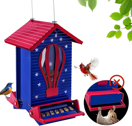 Squirrel Proof Bird Feeder, Metal Bird Seed House Feeders for Outdoors Weight -Activated Protection, Water Proof, 5 lbs Large Capacity Anit Squirrel for Outside Cardinal, Chickadee