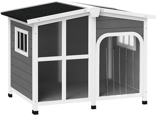 PawHut Cabin-Style Wooden Dog House for Large Dogs Outside with Openable Roof & Giant Window, Big Dog House Outdoor & Indoor, Asphalt Roof, Gray