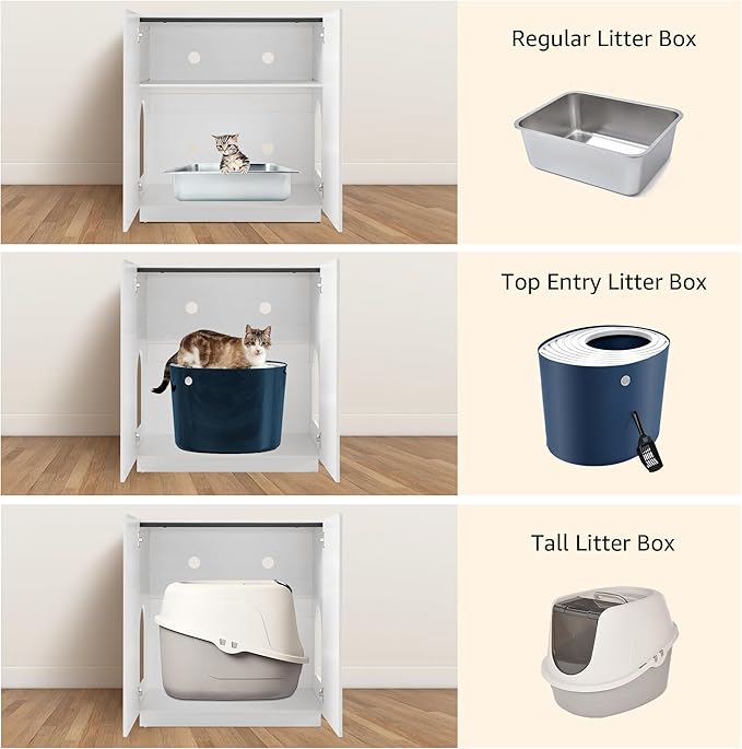 unipaws Tall Cat Litter Box Enclosure with Shelves, Hidden Litter Box Cover for Tall or Top Entry Litter Box, Kitty Enclosed Litter Box Cabinet, Cat Box Furniture， White