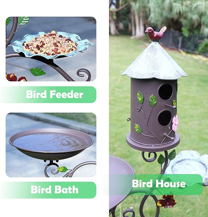 58" H Metal Bird Baths and Bird Houses for Outside with Pole,Birdhouses for Outdoors with Birdfeeder,3-in-1,Garden Yard Decor