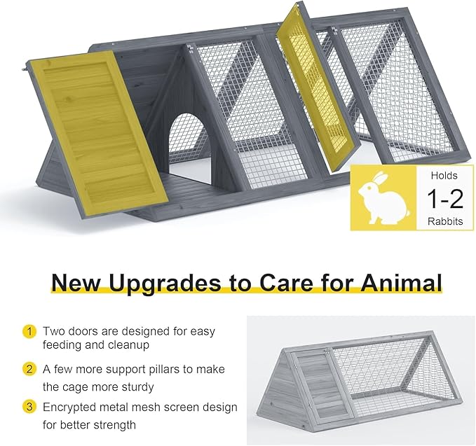 Rabbit Hutch Outdoor Chicken Coop Wooden A-Frame Small Animal Cage Quail Cage w/Chicken Run & Ventilated Wire Fence Suitable for Garden Backyard Farms 47 x 18 x 19.5 in (Grey)