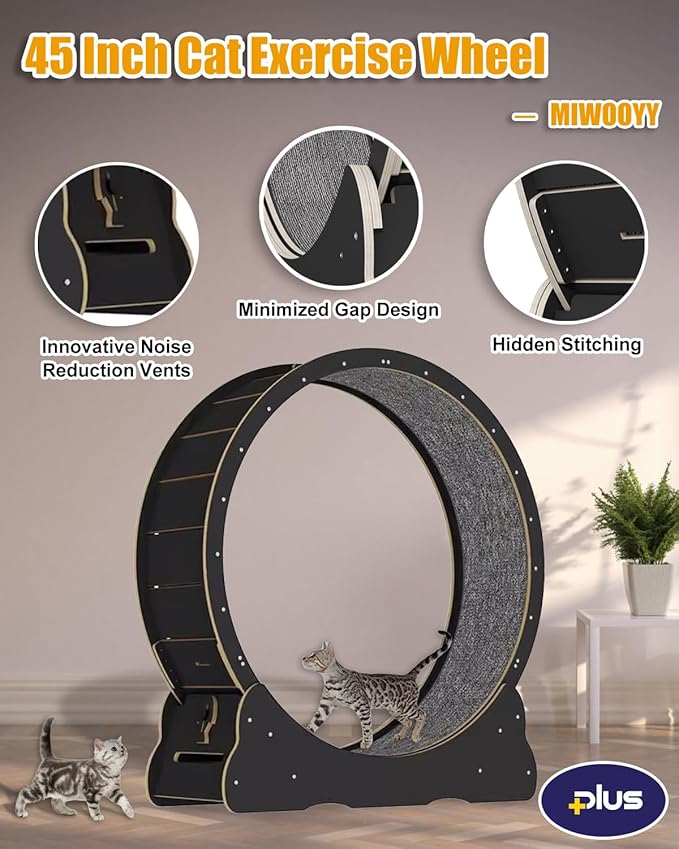 Large Cat Exercise Wheel 46 inch - Black Solid Wood Kitten Wheel Exerciser for Indoor Cats, Safety Cat Treadmill with Lock & Minimized Gap Design