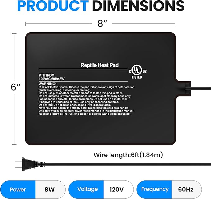 Simple Deluxe 6X8 Inch 8W Reptile Heating Pad Electric Indoor Under Tank Terrarium Heating Mat Waterproof for Turtles, Lizards, Frogs, and Other Reptiles, 2 Pack