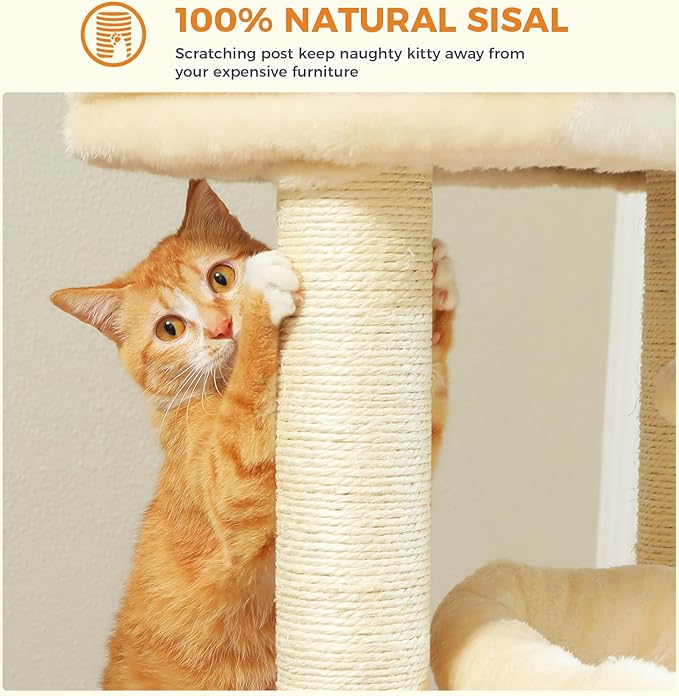 27" Cat Tree for Medium Cats, Cat Tower with Large Top Perch, Full Wrapped Natural Sisal Scratching Posts for Indoor Cats with Spacious Condo & Toy Ball, Beige