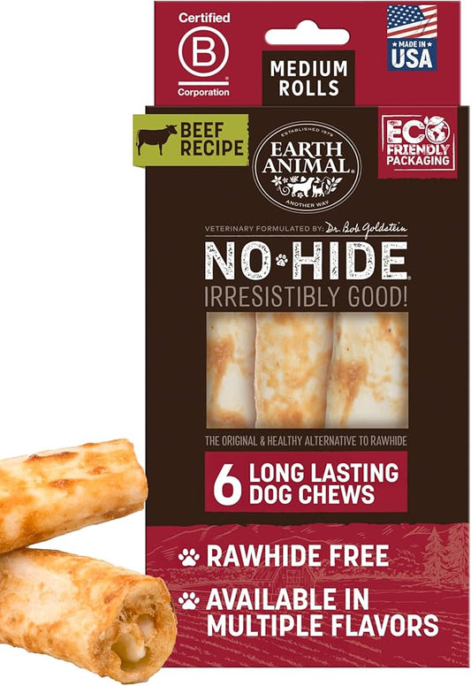 Earth Animal No Hide Medium Beef Flavored Natural Rawhide Free Dog Chews Long Lasting Chew Sticks | Treats for Large Dogs | Great for Aggressive Chewers - 6 Count